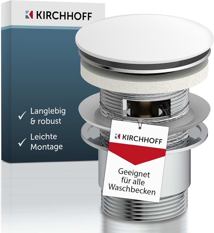 Kirchhoff Universal Waschbecken Ablaufgarnitur, Pop Up Waschbeckenstöpsel, Ablaufventil mit Überlauf, Abfluss Stöpsel für Badezimmer Waschbecken & Waschtisch, 98807410, Weiß/Chrom