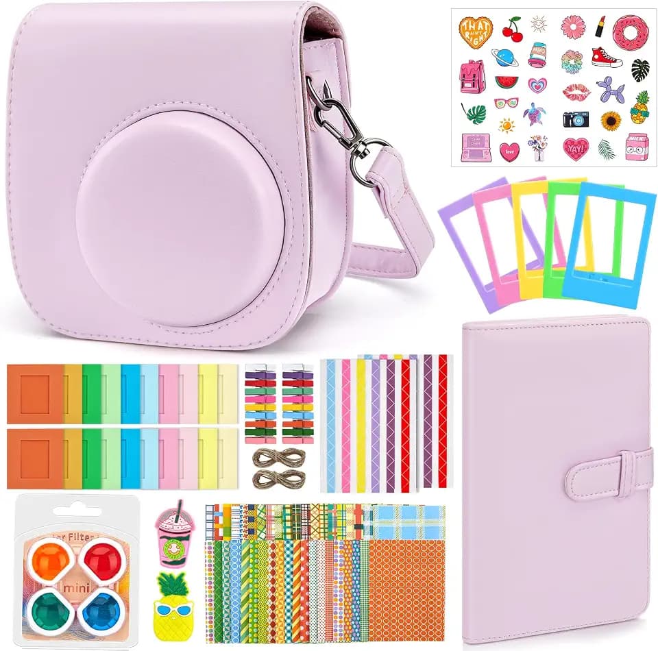 Eurhomewit Sofortbildkameras Zubehör Set für Fujifilm Instax Mini 12, Enthält Tasche für Instax Mini 12 / Fotoalbum/Fotorahmen/Filte/Cartoon Aufkleber/Grenzen Eck Aufkleber - Blossom Pink