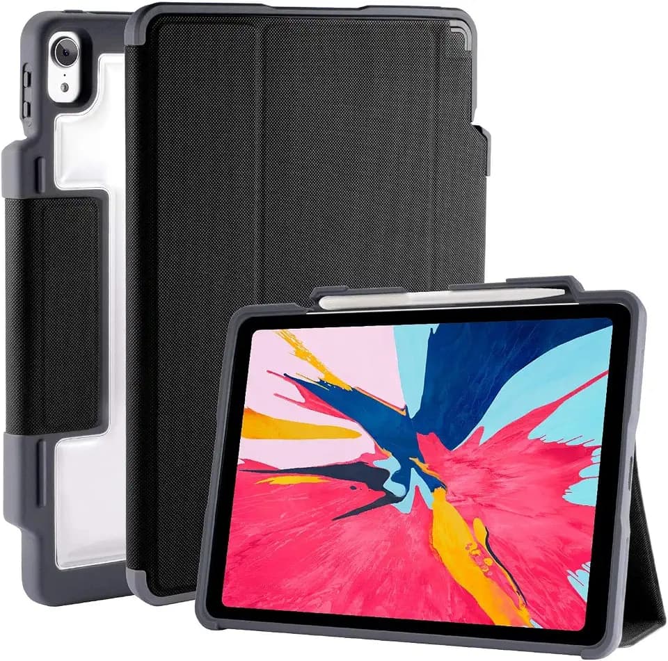 STM Bags Dux Plus Case Folio Schutzhülle für Apple 11" iPad Pro (2018) - schwarz/transparent [Lädt Apple Pencil 2 kabellos I Militär Standard I Wasserabweisend I Standfunktion I Wake/Sleep]