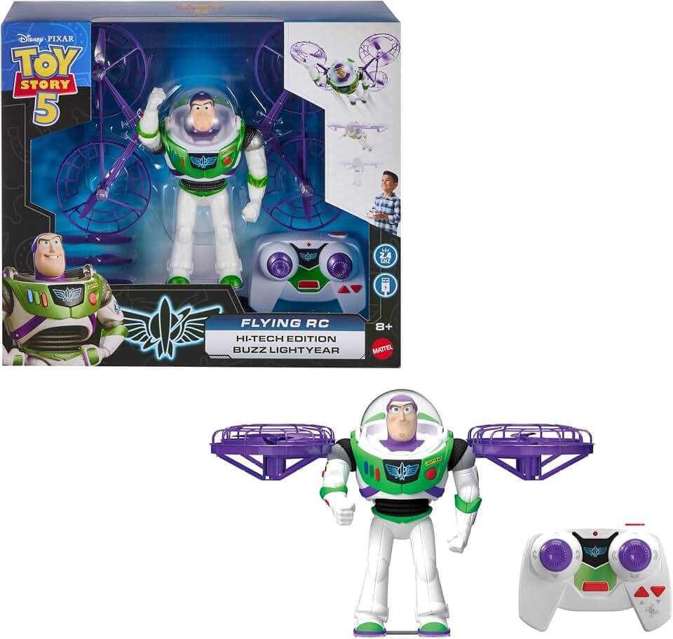 Mattel Disney und Pixar Toy Story 5 Fliegende Figur mit Fernbedienung, Hi-Tech Edition Buzz Lightyear mit Fernbedienung, Electronic Split Wing Space Ranger, JKV53