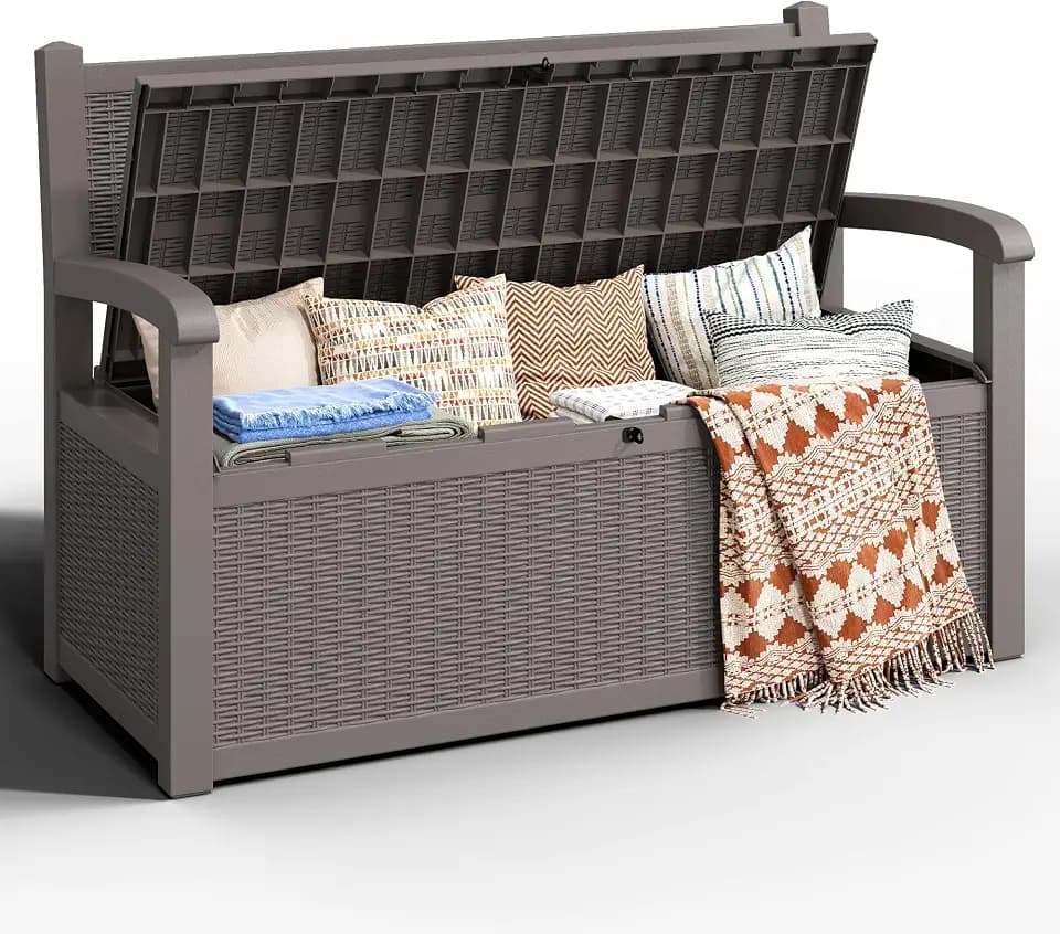 80 Gallon Outdoor Storage Bench, Resin Outside Storage Box with Armrest, Lockable Deck Boxes Waterproof and UV Resistant for Patio Cushions, Garden Tools and Pool Supplies, Charcoal Grey