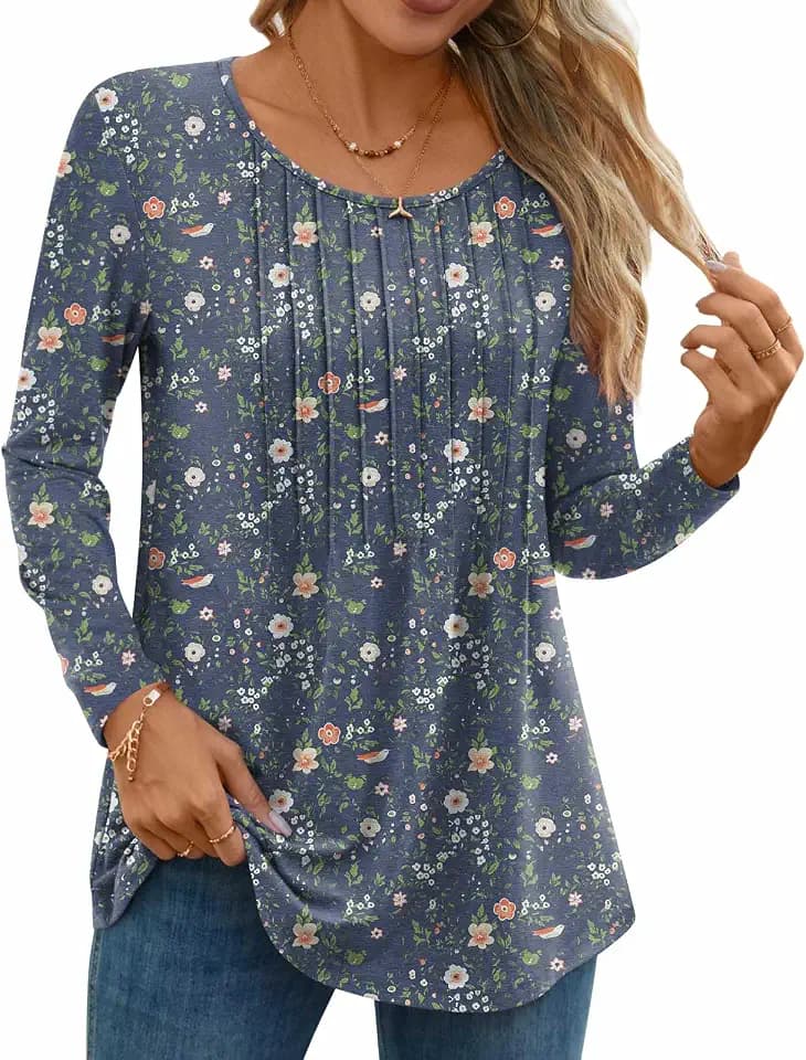 TAOHUADAO Women Fall Long Sleeve Tops Pleated Crew Neck Tunic Casual Dressy Blouse Shirts