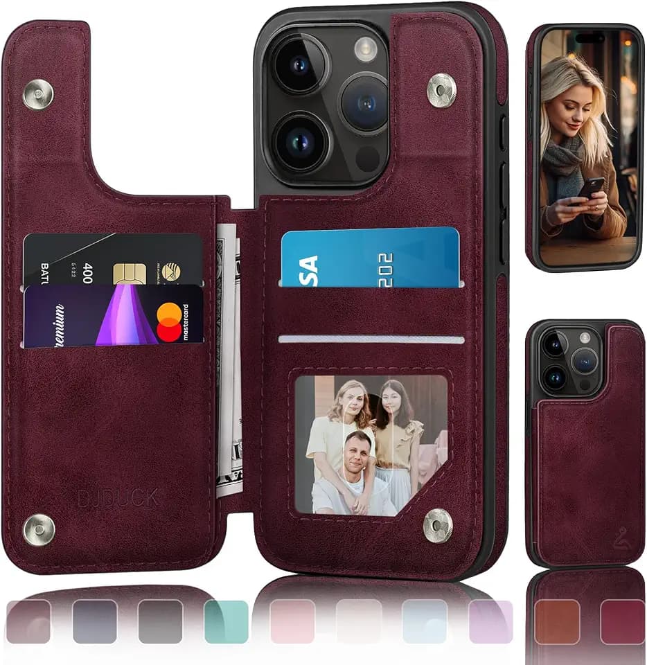 DJDUCK Designed for iPhone 14 Pro Case Wallet with Card Holder, [Magnetic Clasp Cover] [RFID Blocking Leather Protection] Shockproof Women Men Cases 6.1 Inch for Apple 14 Pro Wine Red