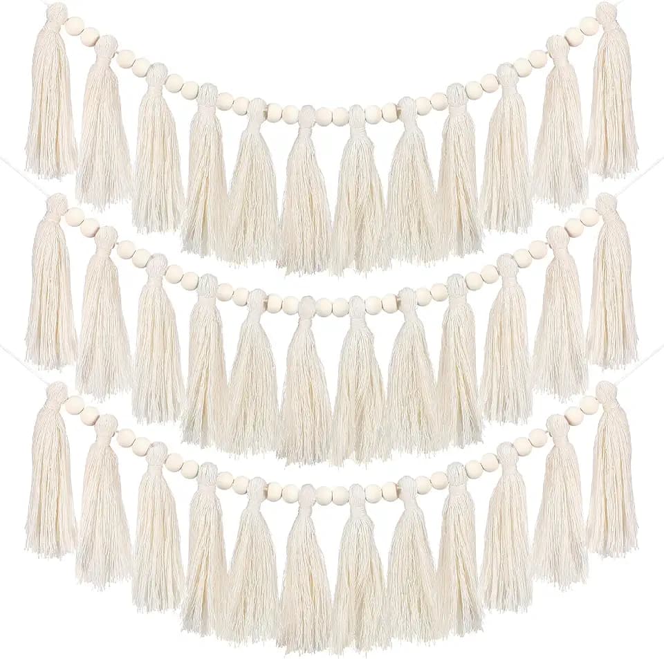 Zeyune 3 Pcs Boho Garland Beige Wood Beads Classroom Decor