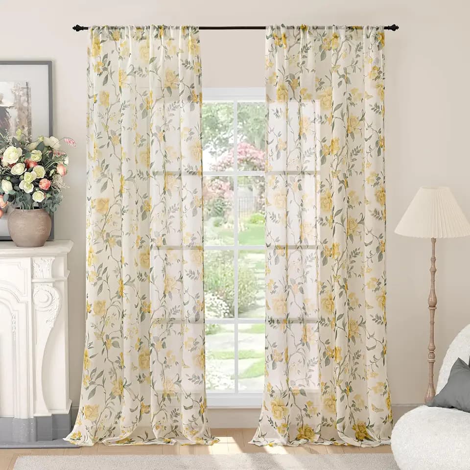 Lajode Yellow Floral Sheer Curtains for Girls Room - 52x84 Inch 2 Panels