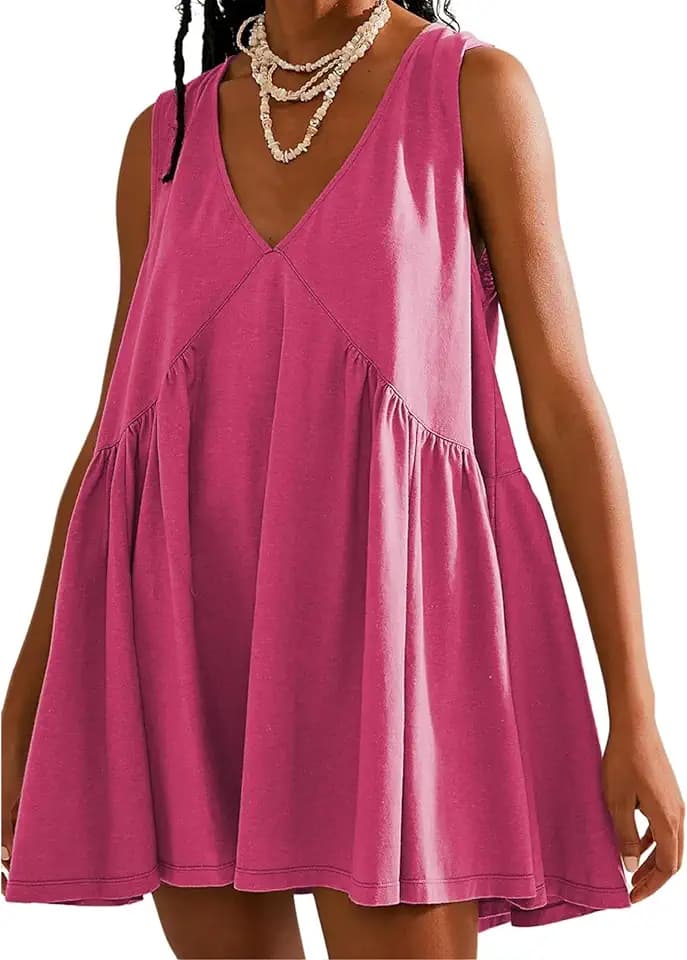 OPCAKM Women's V Neck Sleeveless Mini Dress Pleated Sundress