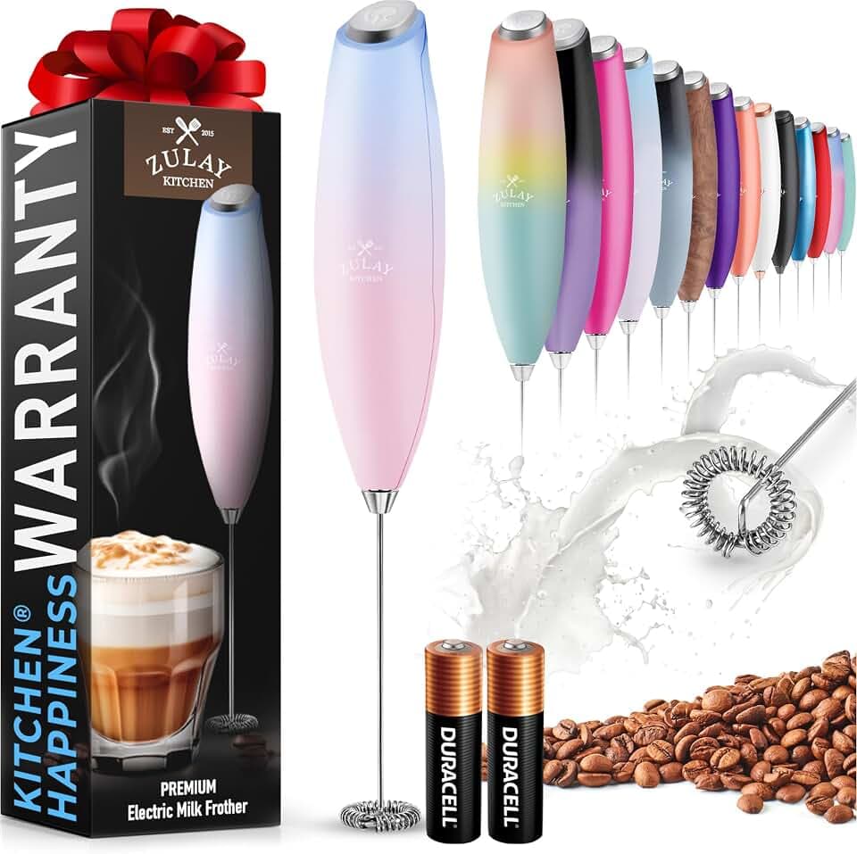 Zulay Powerful Milk Frother for Coffee with Upgraded Titanium Motor - Handheld Electric Whisk, Milk Foamer, Mini Mixer & Coffee Blender for Frappe, Latte, Matcha, No Stand - Pure Sun