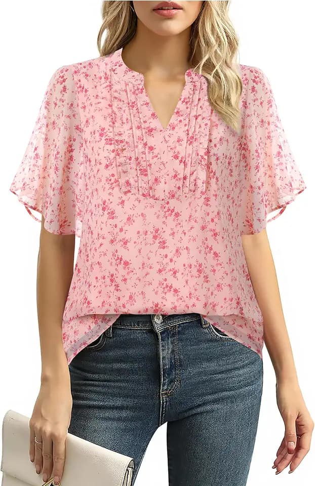 Furnex Womens Blouses Chiffon Ruffle Short Sleeve Tops Summer Pleated V Neck Casual Work Tops