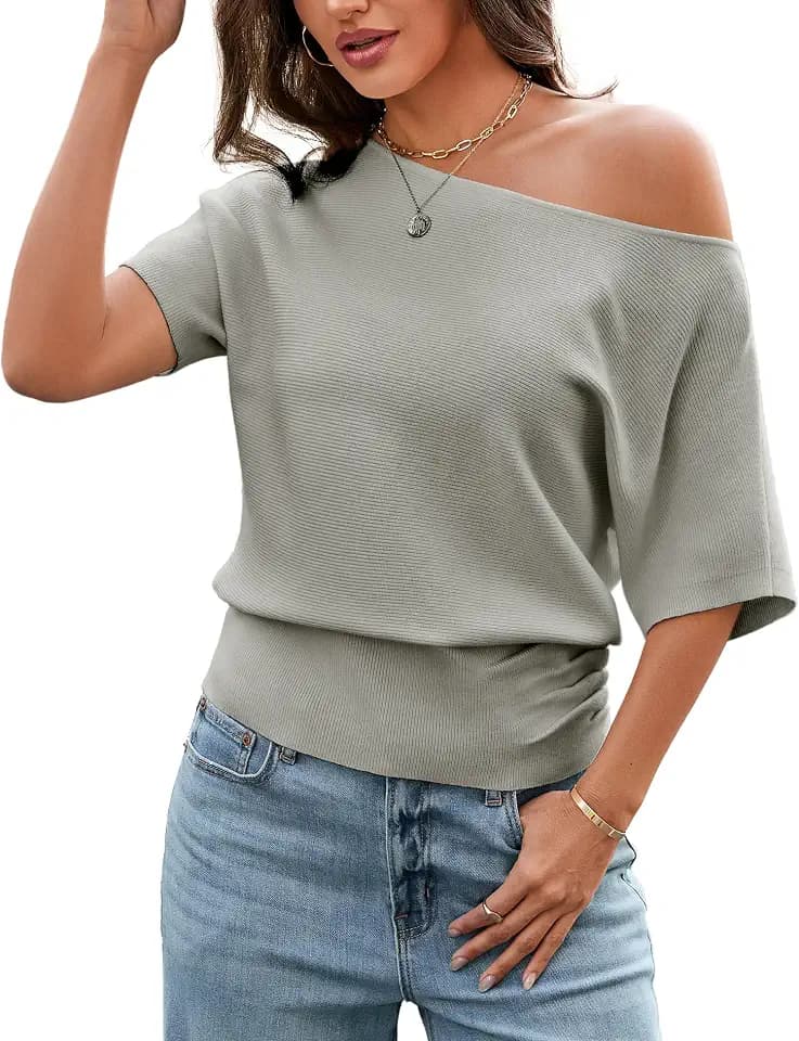Off Shoulder Tops for Women - Short Sleeve Batwing Sweater Soft Cinched Waist Knit Summer Going Out Top Date Night