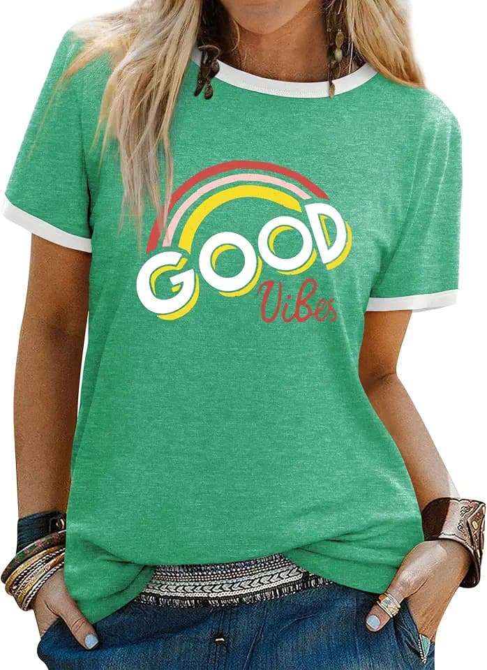 WIEIYM Tshirt Damen Rundhals Kurzarm T-Shirts Sommer T Shirts Good Vibes Regenbogen Brief Gedruckt Lässig Tee Shirts Oberteile Tops,Frühlingsgrun,XXL