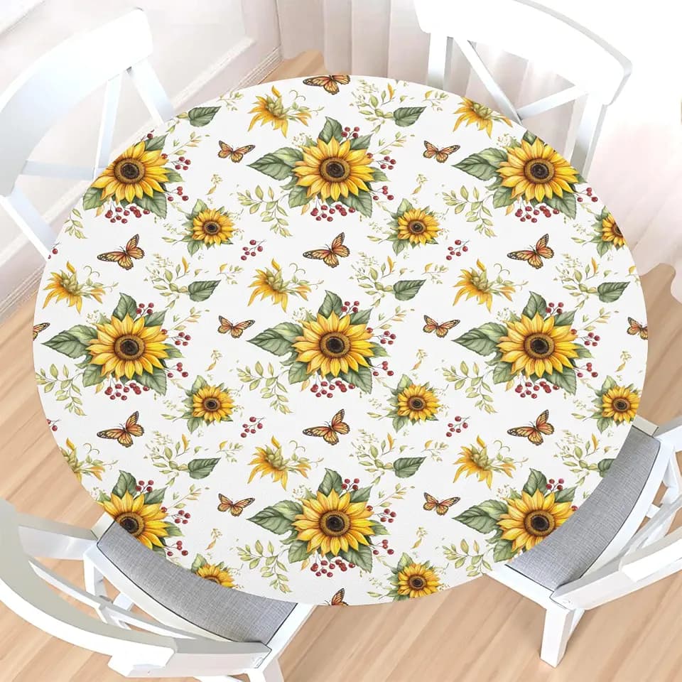 Sunflower Round Fitted Tablecloth with Elastic Edge,Water&Stain-Resistant Picnic Spring Summer Yellow Floral Table Cover for 40"-44" Found Tables Sun Flower Table Cloth for Dinner,Outdoor,Patio