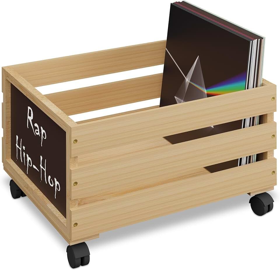 Relaxdays Schallplatten Kiste, Bambus, mit Rollen, 50-80 Vinyls, HBT: 27 x 43 x 34 cm, Aufbewahrungskiste, Natur/schwarz