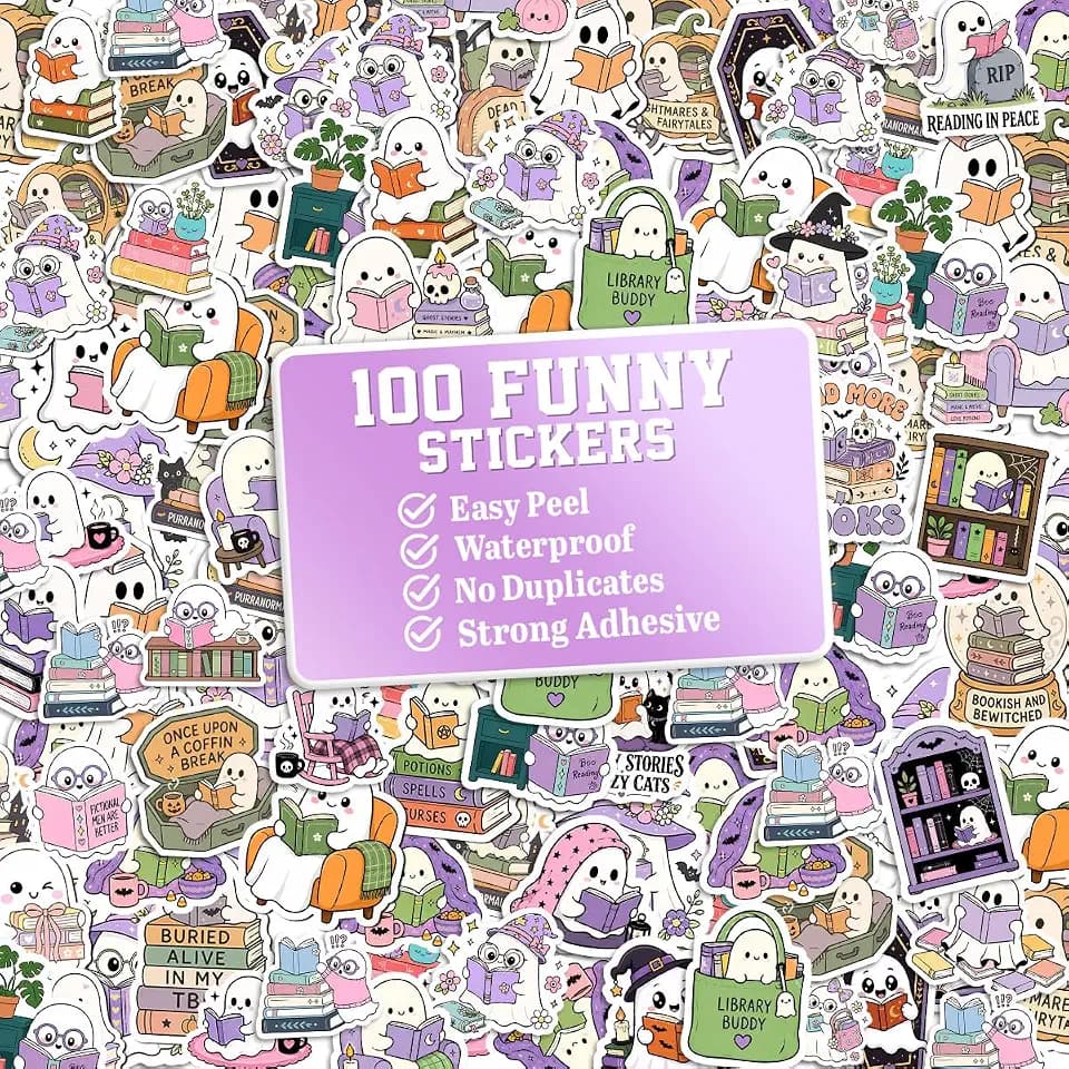 Vybonz Cute Ghost Stickers Kawaii Halloween Book Lover Decal Pack