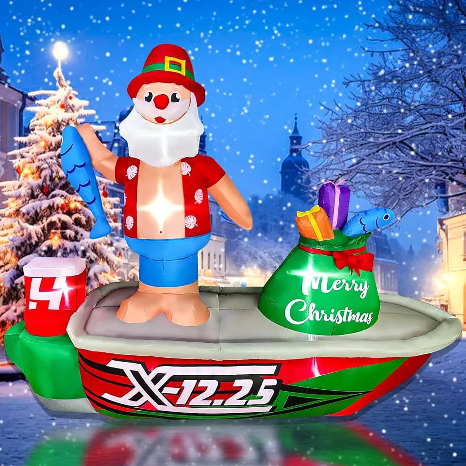 BLOWOUT FUN 8ft Inflatable Christmas Santa Claus Standing on Fishing Boat
