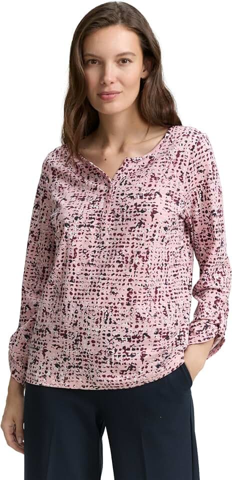 Tom Tailor Damen 1047729 Henley Blusenshirt mit Muster (1er Pack)