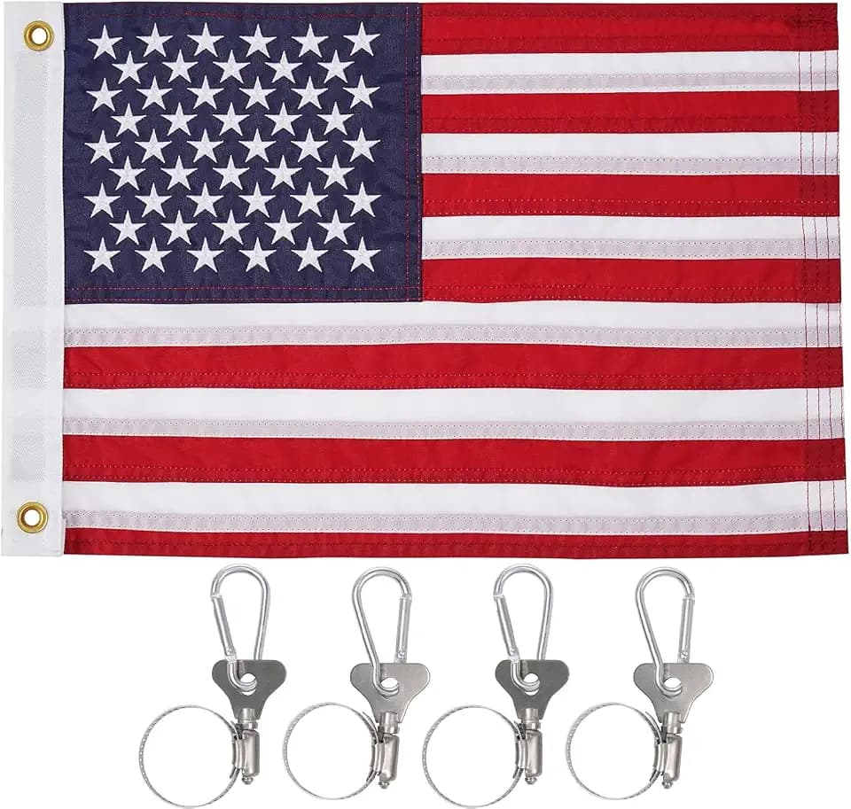 SYII American Boat Flag Pole Clip Kit, with 4 Flag Pole Clip American Flag for Boat, Embroidered Heavy Duty Nylon American Flag 12x18 Inch, Outdoor Banner for Pontoon, Yachts, Boating Accessories