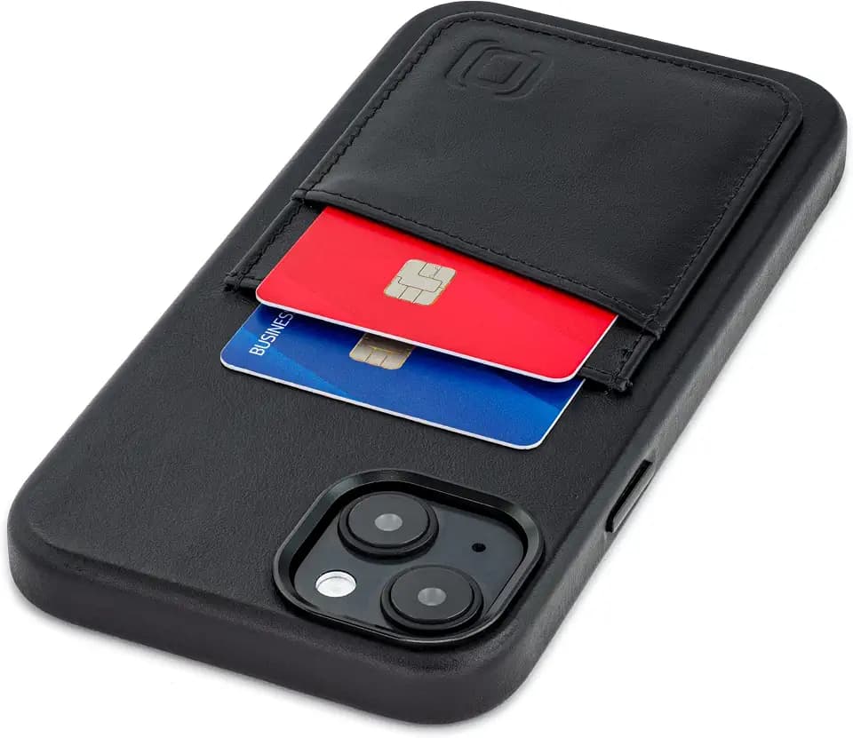 Dockem Genuine Leather Card Case for iPhone 14 Plus with Built-in Metal Plate for Magnetic Mounting, Stitched-on Wallet with 2 Holder Slots (Black, M2GL)