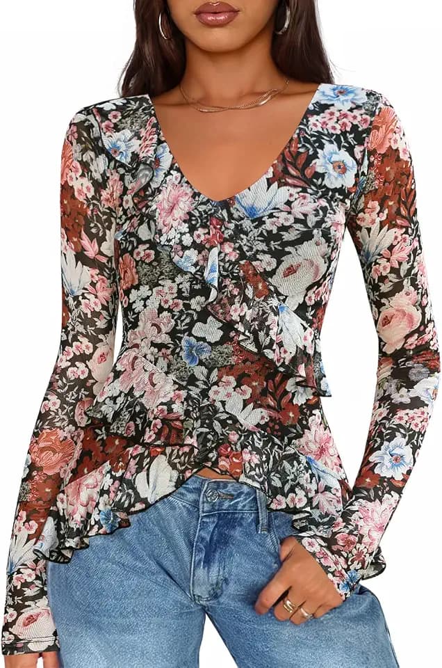 ZESICA Womens Floral Ruffle Mesh Tops Long Sleeve Shirts
