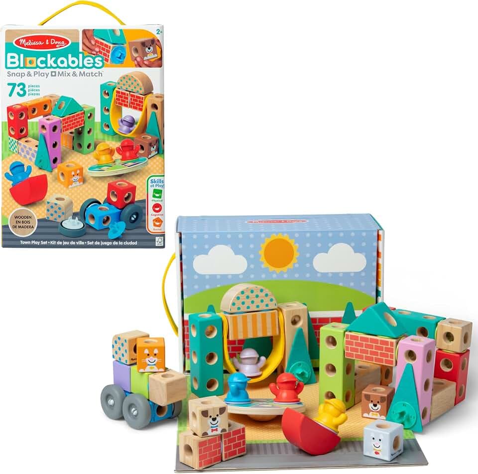 Melissa & Doug - Blockables Stadt Bauset - 73 teiliges Set mit Holzbausteinen, Steckverbindungen, Filzaccessoires und mehr für kreatives Bauen und Spielen, für Kinder ab 2 Jahren