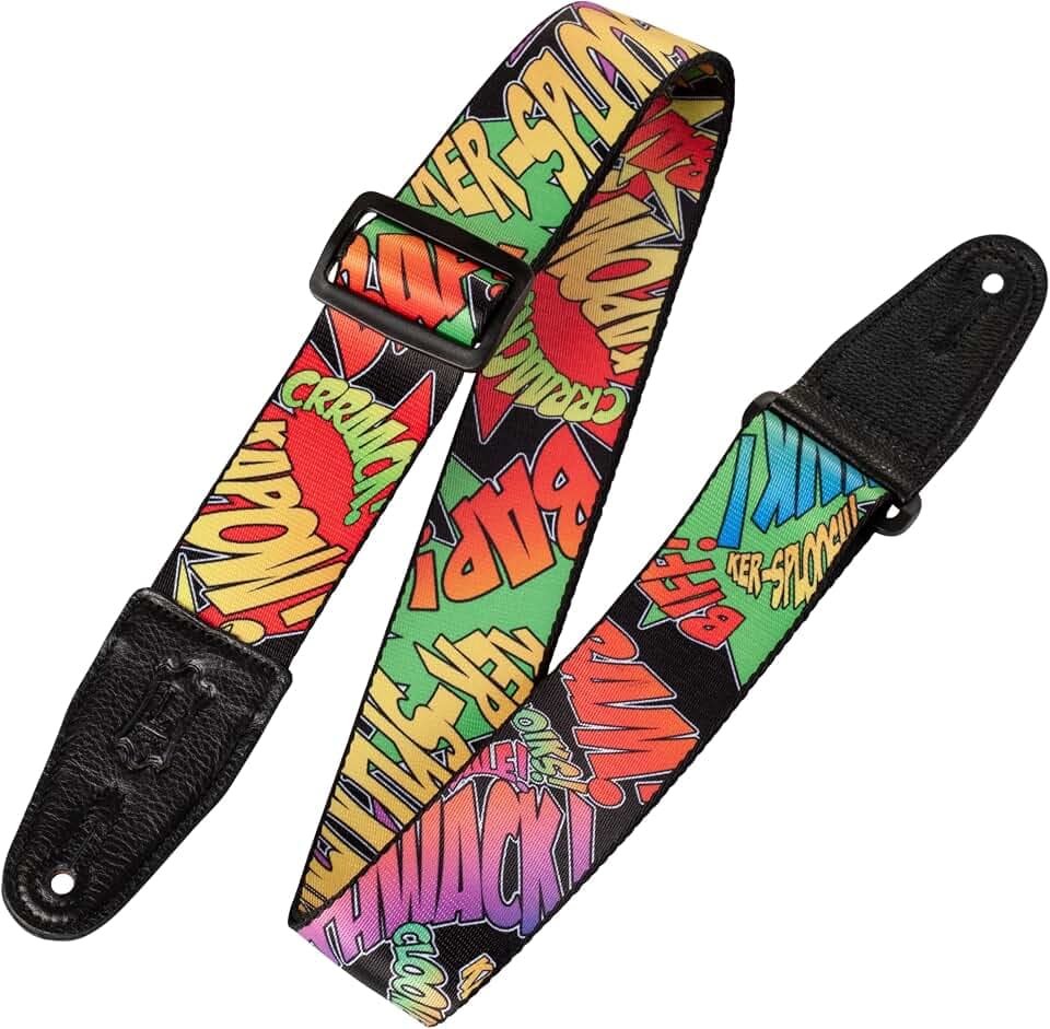 Levy's Leathers 2" Wide Polyester Guitar Strap with Genuine Leather Ends, Comic Book Onomatopoeia Motif (MPD2-036)