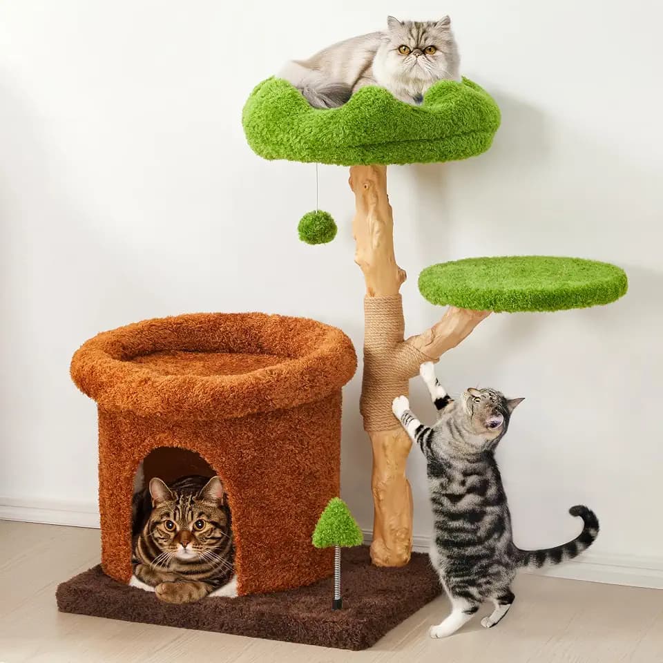 Fansafurn Cute Cat Tree with Scratching Posts, Bed & Condo, Multi-Level Cat Tower for Playful Cats and Multiple Cats, 32" Wooden Climbing Tower with Natural Wood & Soft Plush
