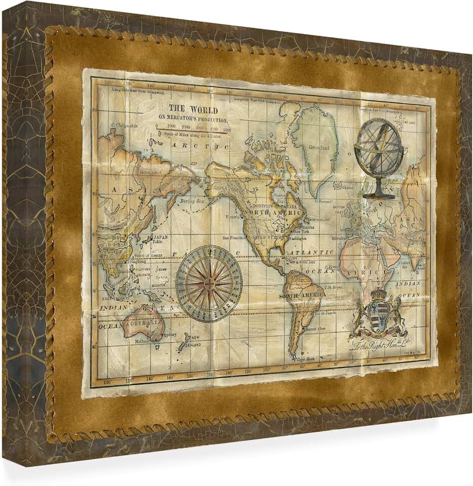 Wrapped Canvas Wall Art - Vision Studio 'Antique World Map Framed' Wall Art for Living Room, Bedroom, or Office Décor - 14x19