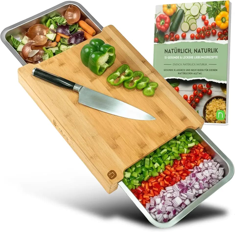 naturlik Schneidebrett XL mit magnetischen Auffangschalen - Hochwertiger Bambus - Schneidebrett mit Auffangschale - Schneidebrett Holz - Holzbrett Küche - Praktische Küchenhilfe - inkl. E-Book
