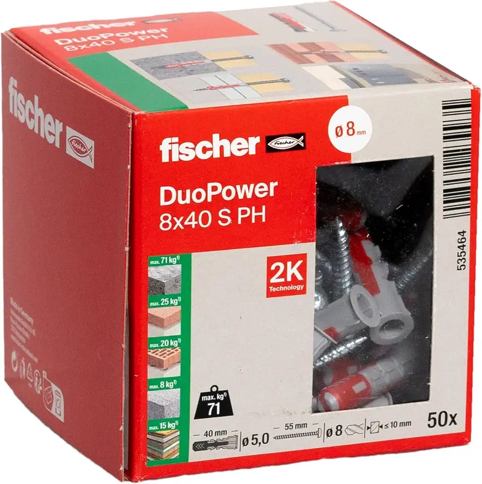 fischer DuoPower 8 x 40 S PH, Universaldübel mit Panheadschraube, 2-Komponenten-Dübel, Kunststoffdübel zur Befestigung in Beton, Ziegeln, Stein, Gipskarton uvm., 50 Dübel + 50 Schrauben