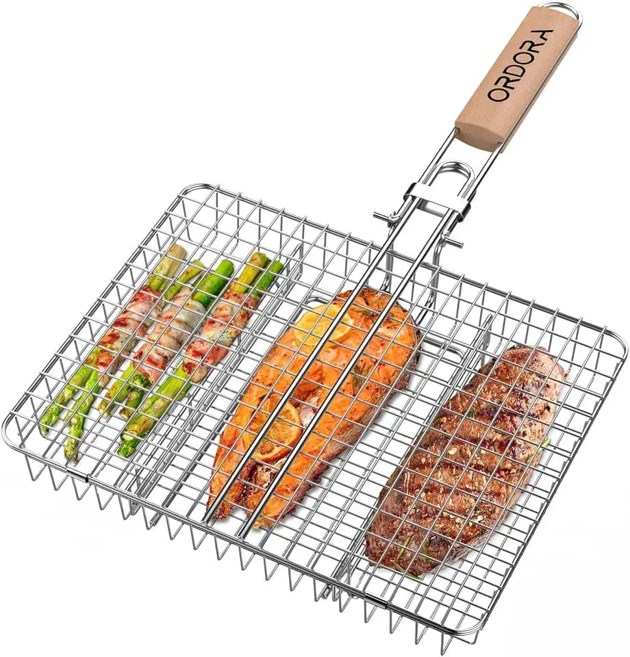 ORDORA Grill Basket Deep, Stainless Steel BBQ Grilling Baskets for Outdoor Grill, Fish Grilling Rack for Veggies, Meat, Shrimps, Grill Accessories with Detachable Handle, Gifts for Dad