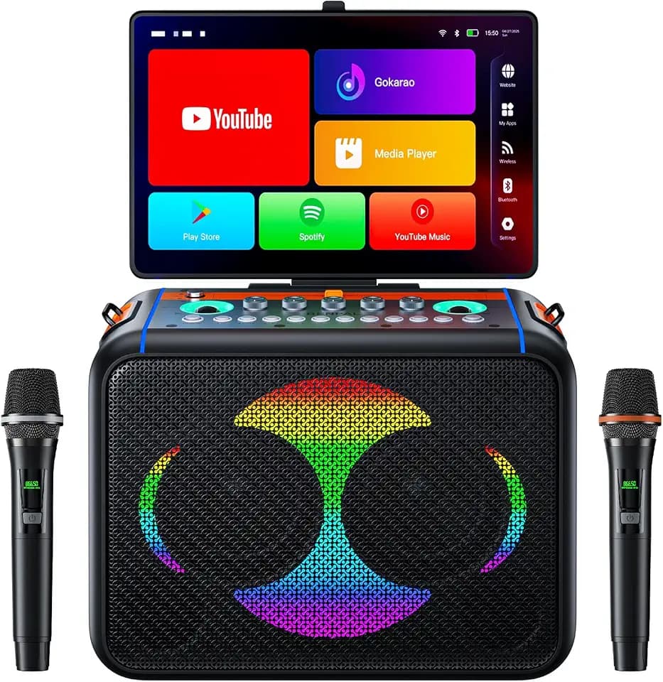 Smart Karaoke Machine with 14.0'' Touch Screen, Lyrics Display & Pre-Install Karaoke APP, Up to 600W Party Speaker and Dual Wireless Mics, Portable for Home & Outdoor