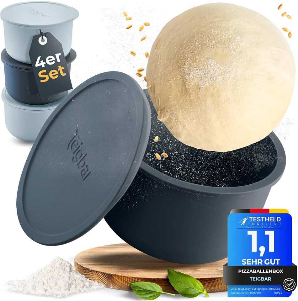 « Pizzaballenbox mit Deckel, 4er Set - platzsparende Teigbox aus löse-leichtem Silikon - bis zu 350g Pizzateig Box mit Deckel, Pizza Box - Schwarz/Grau - Ø13cm