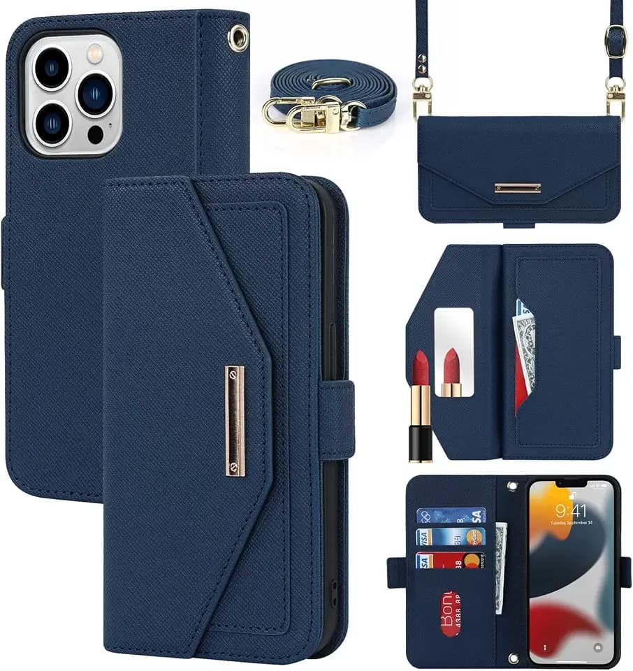 Crossbody Wallet for iPhone 14 Pro Max Case with Strap,6.7",Blue
