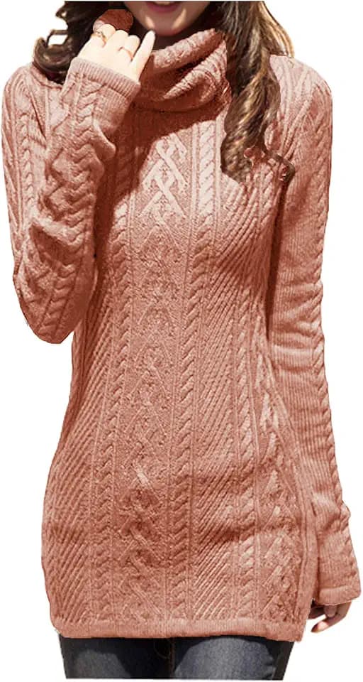 v28 Women Polo Neck Long Slim Fitted Dress Bodycon Turtleneck Cable Knit Sweater