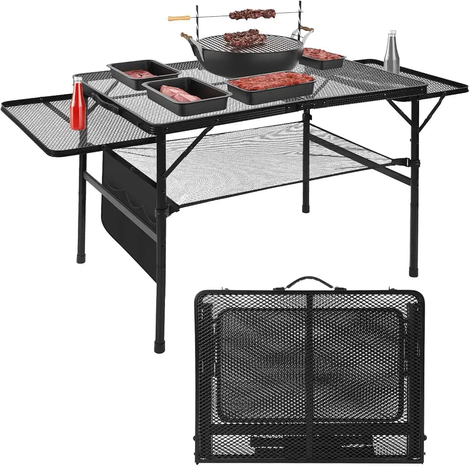 Folding Matel Grill 4.4 FT Camping Table with 2 Wing Panels