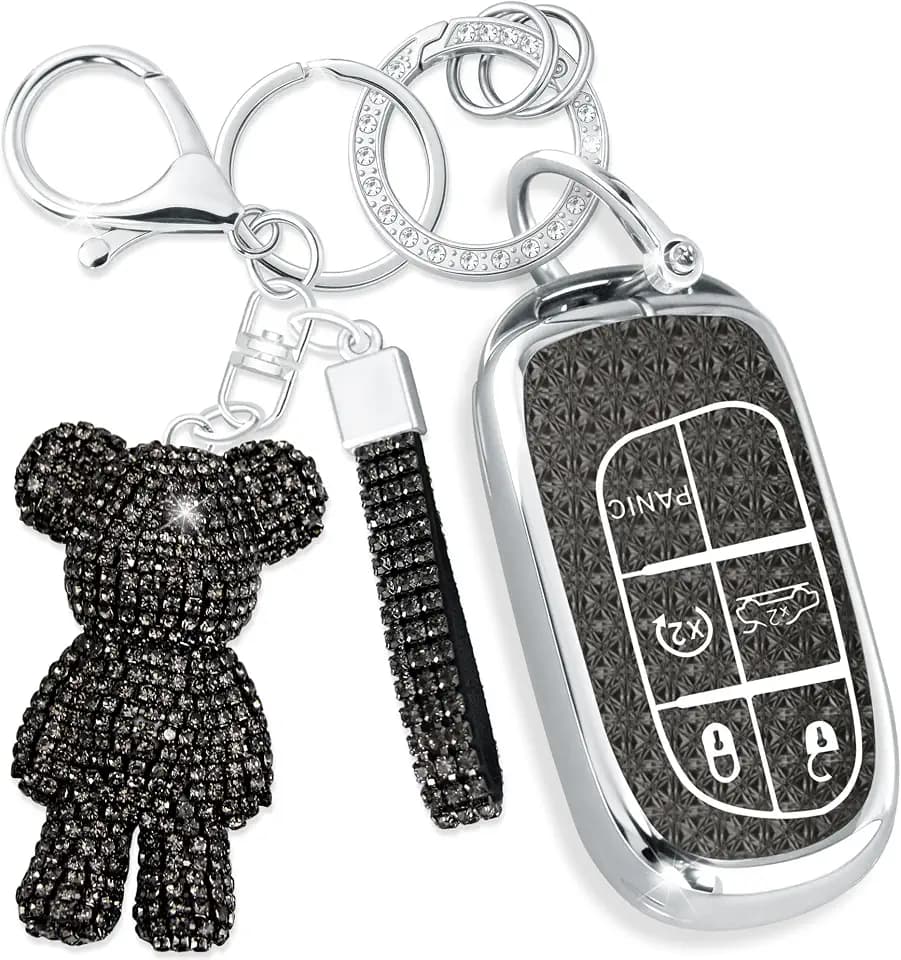 Cute Key Fob Cover with Rhinestone Bear Charm, Bling TPU Smart Key Case for Women, Compatible with Dodge Charger Challenger Durango，Jeep Wrangler Patriot Commander (5-Button, Silver Black)