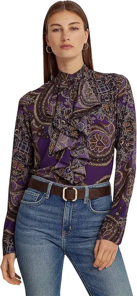 Lauren Ralph Lauren Womens Paisley Ruffle-Trim Georgette Shirt