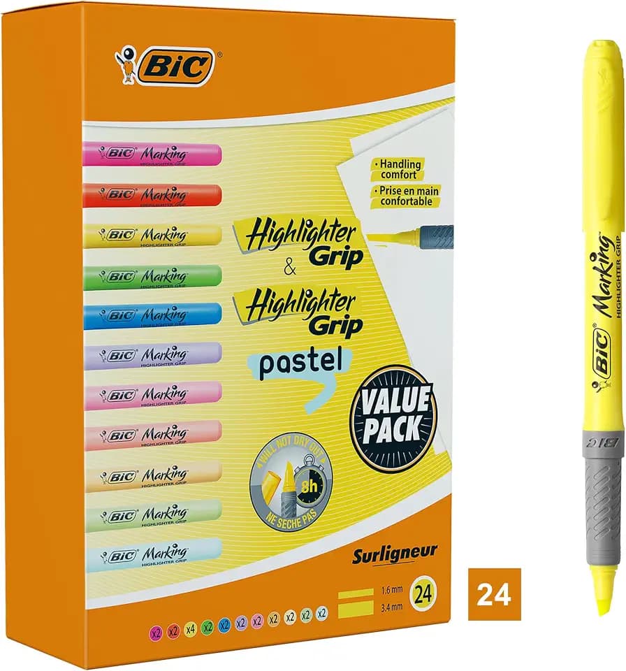 BIC Highlighter, Textmarker, 24er Pack, in verschiedenen Farben inkl. Pastell, mit Keilspitze, Strichstärke: 1.6 bis 3.4 mm, mit Austrocknungsschutz
