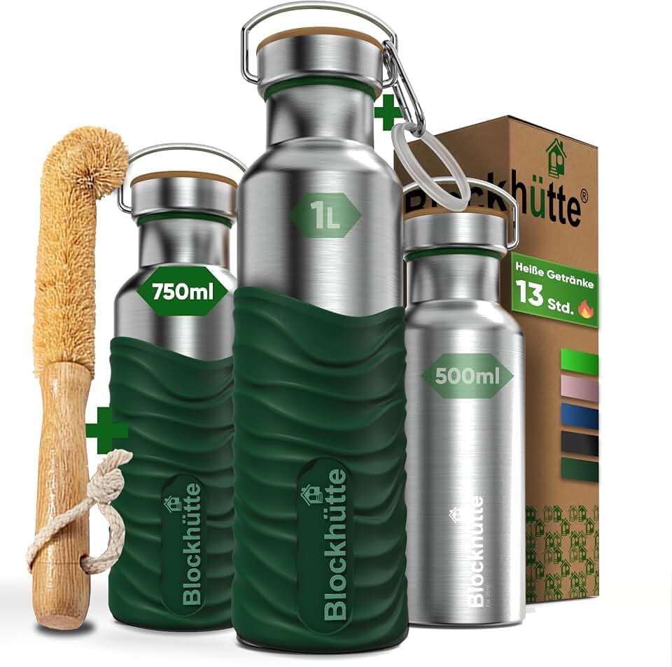 Blockhütte Edelstahl Trinkflasche 750ml I Wasserflasche Kohlensäure geeignet I Auslaufsicher, BPA-Frei Metall Thermosflasche mit Silikonmantel I Isolierflasche für Kinder, Erwachsene, Sport