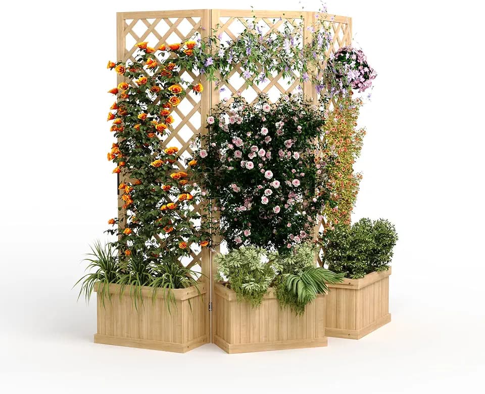 Cedar Privacy Screen with Planter Box - 62"x 10"x 65" Freestanding Outdoor Fence, 3 Hinged Panels, Raised Garden Bed with Drain Holes for Patio & Backyard