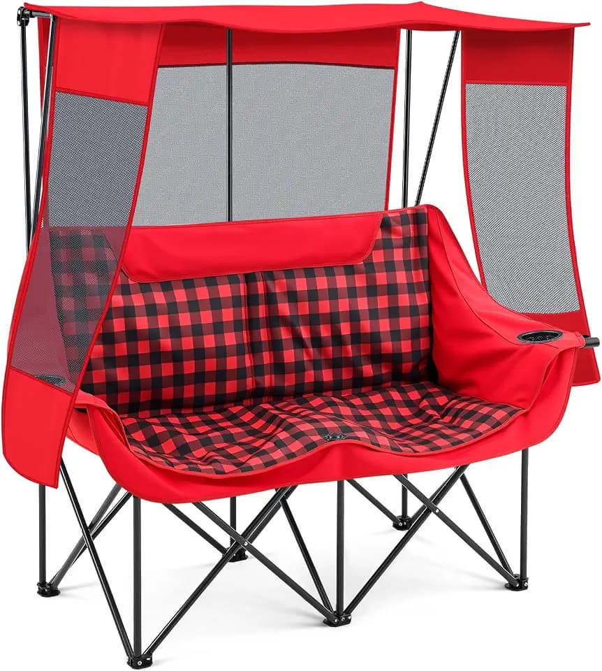 Teenyyou Double Camping Chair with Canopy 660lbs Heavy Duty, Red Plaid