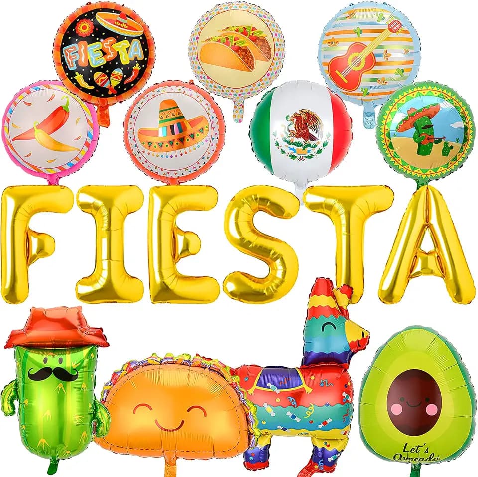 Fiesta Party Decorations Balloons Set, Cinco de Mayo Balloons with Taco, Cactus, Avocado & Llama Foil Balloons, Mexican Fiesta Decorations for Taco Party