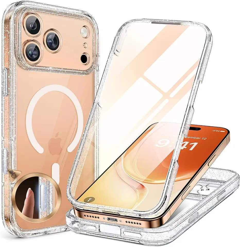 Miracase Magnetic for iPhone 17 Pro Case 6.3" [Compatible with MagSafe] Full-Body Phone Case with Built-in Glass Screen Protector & Camera Control,Drop Proof iPhone 17 Pro Cover, Clear Glitter