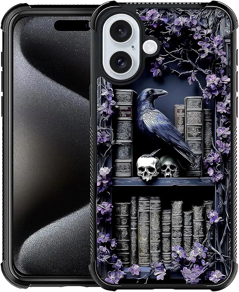 for iPhone 16 Case,Black TPU Rubber Impact-Resistant Anti-Slip Fingerprint-Free Protective Case- Gothic Raven Bookshelf