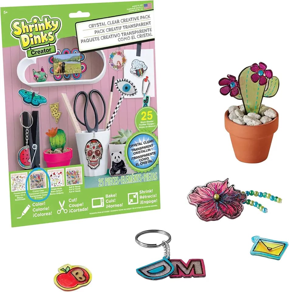 Shrinky Dinks Creative Pack, 25 Sheets Crystal Clear, Kids Art and Craft Activity Set, Kids Toys for Ages 6 Up