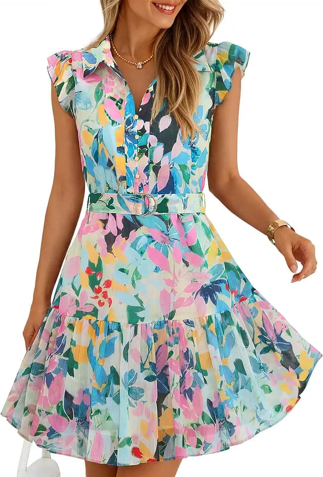 ZESICA Womens Summer Floral Chiffon Beach Mini Dress