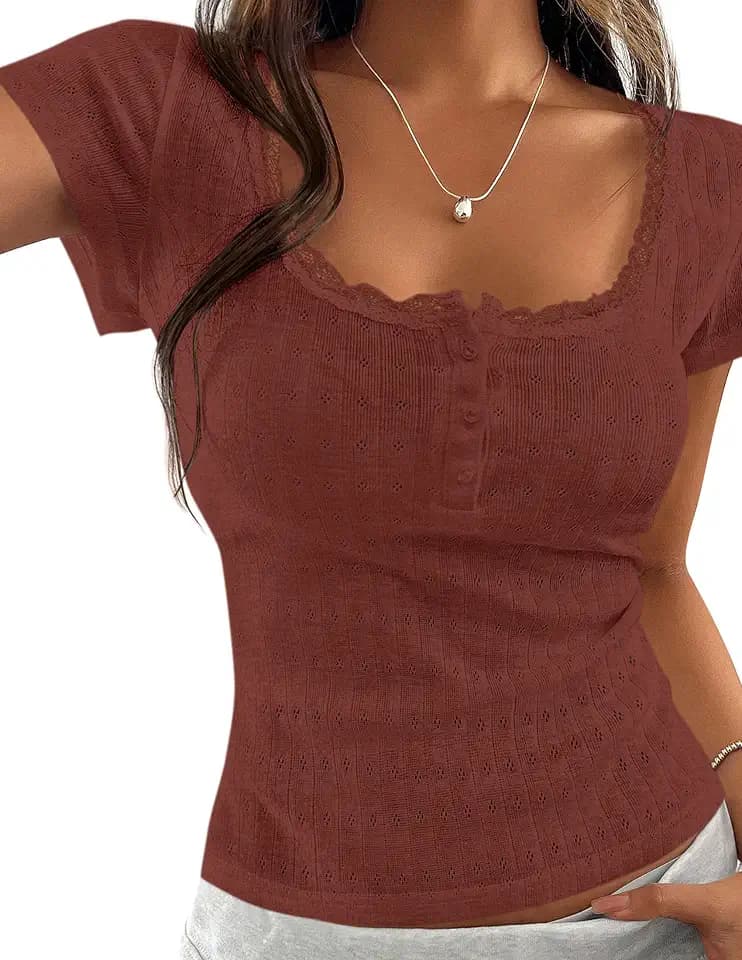 PRETTYGARDEN Womens Summer Lace Trim Short Sleeve Henley Top