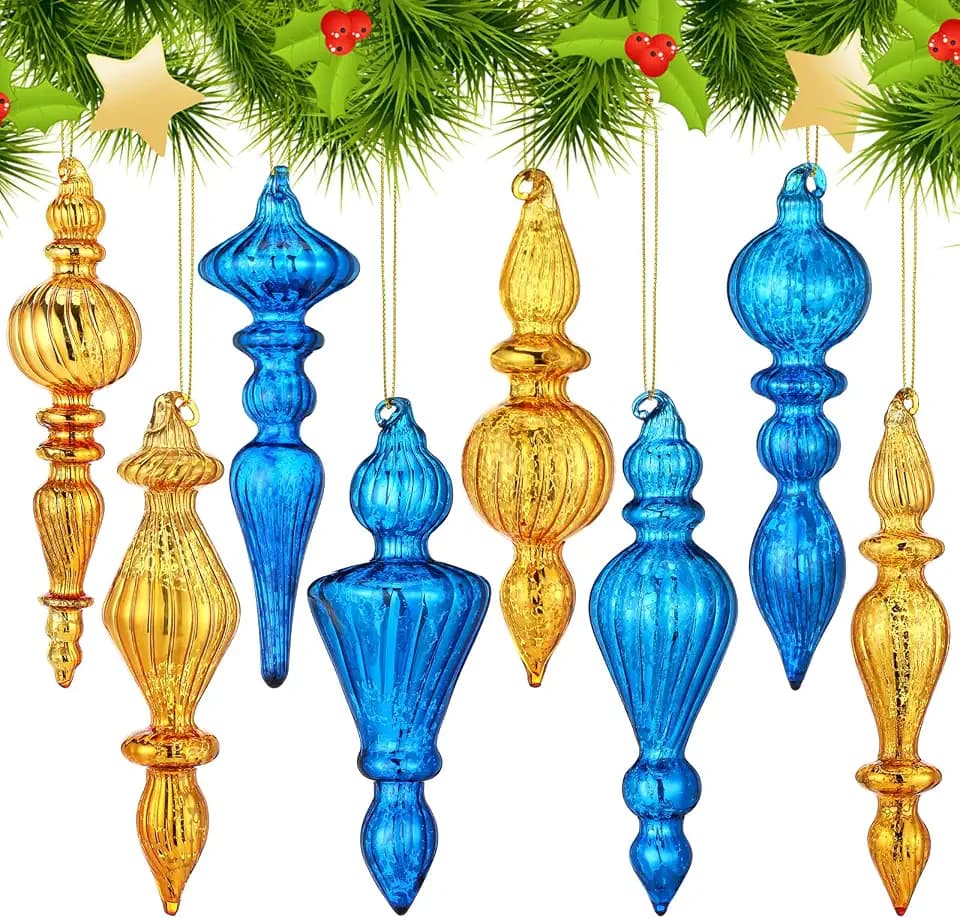 Mifoci 8 Pcs 6 Inch Mercury Glass Finial Christmas Ornaments,Blue, Gold