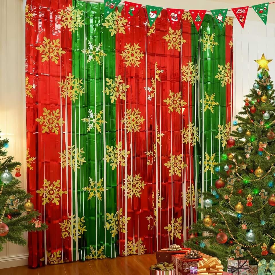 Weihnachten Lametta Vorhang Rot Grün Weihnachtsvorhänge Glitzernde Vorhänge mit Schneeflocken Weihnachtsgardinen Weihnachten Deko Vorhang für Weihnachtsdeko Geburtstag Party Deko