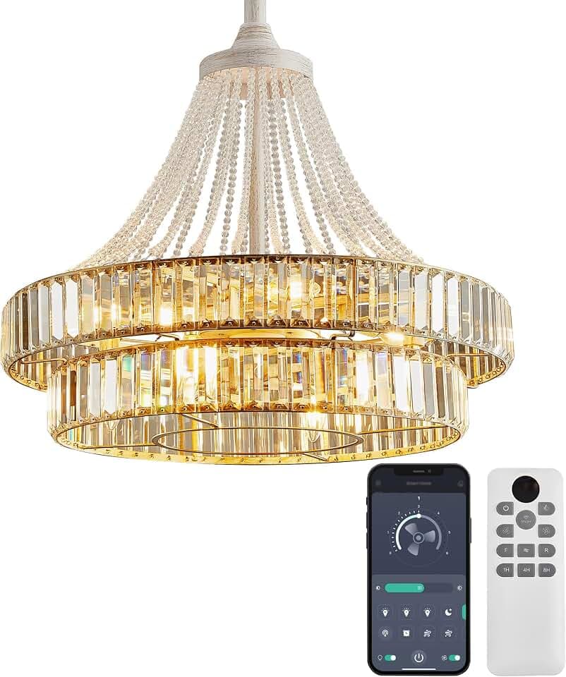 24“ Crystal Chandelier Ceiling Fan with Lights, (White Gold)