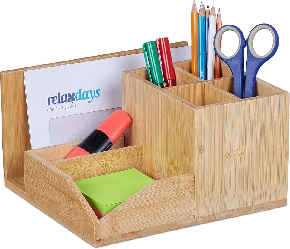 Relaxdays Schreibtisch Organizer, Bambus 7 Fächer, für Stifte, Dokumente, HxBxT: 11 x 21 x 19 cm, Stiftehalter, Natur